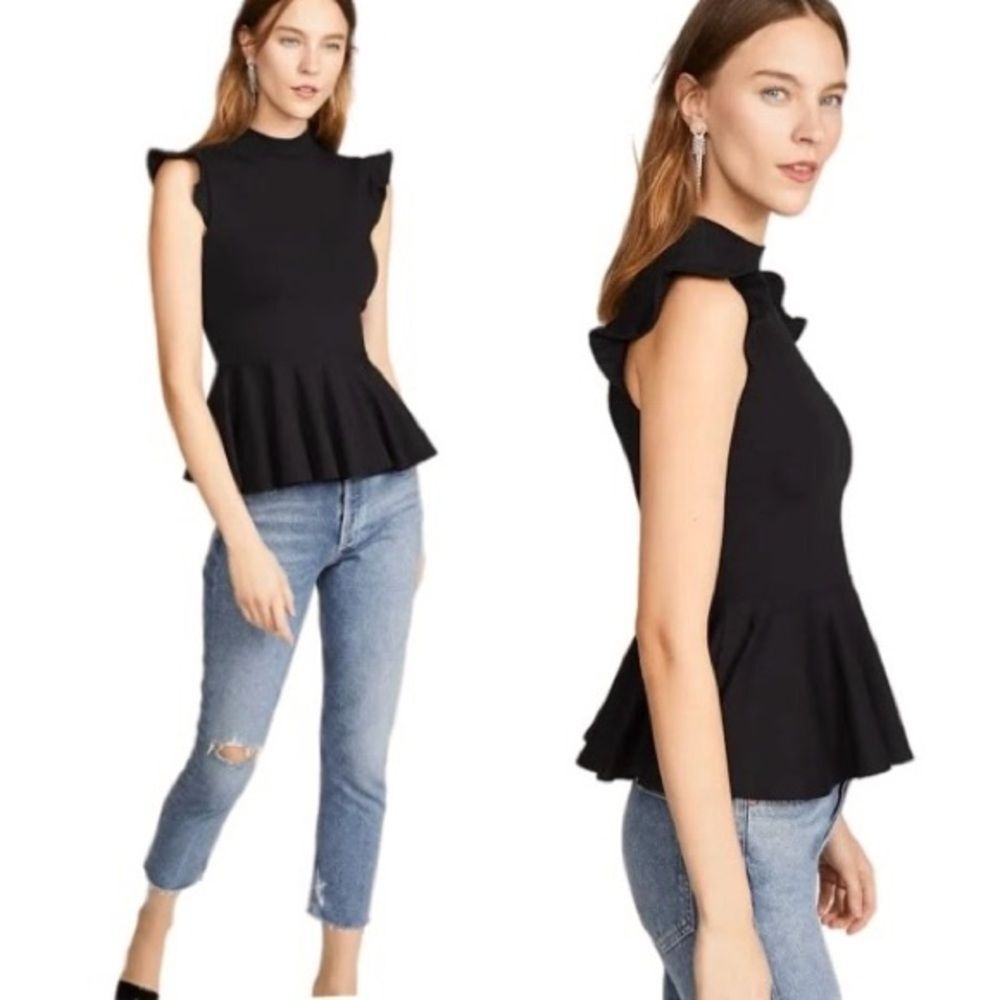 Susana Monaco Flutter Sleeve Peplum Top Black Size L